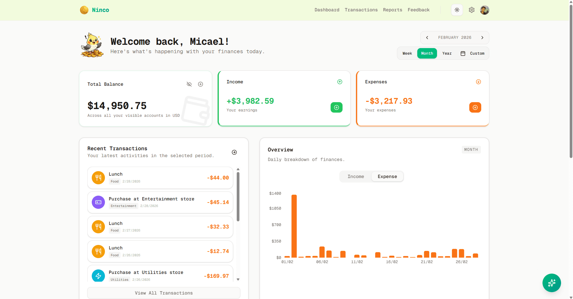 Ninco Dashboard Overview Desktop